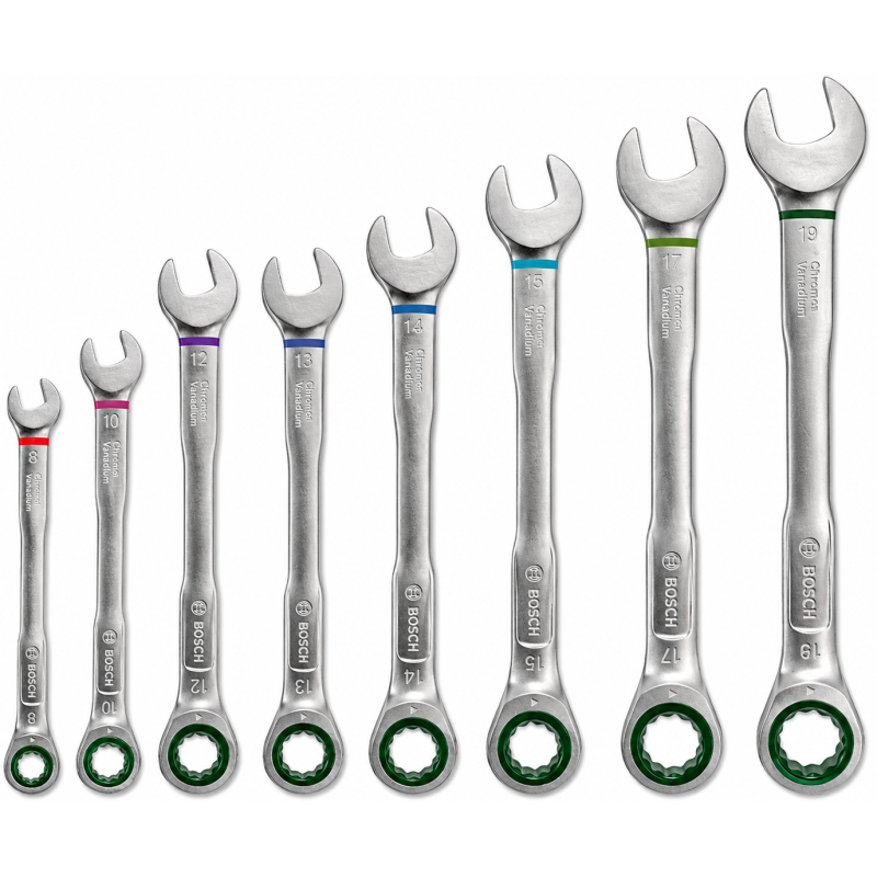 Набор комбинированных ключей с трещоткой Bosch 8-19мм CrV, 8шт (1600A027PS)