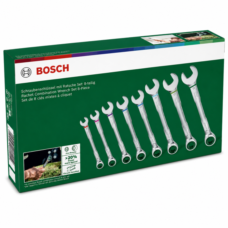 Набор комбинированных ключей с трещоткой Bosch 8-19мм CrV, 8шт (1600A027PS)