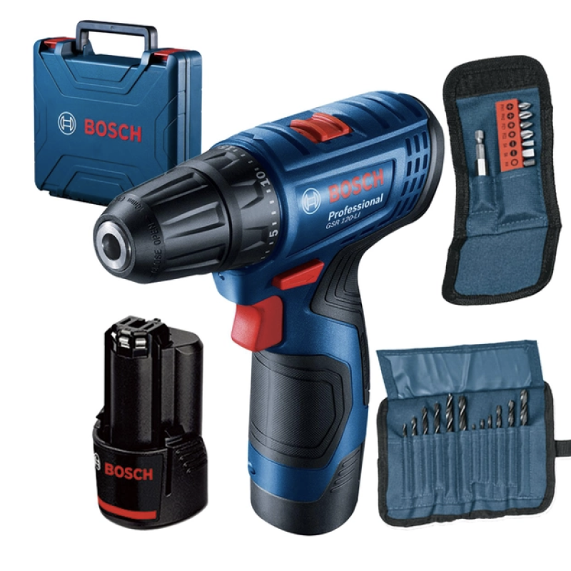 Дриль-шуруповерт акумуляторний Bosch Professional GSR 120-LI НАБІР кейс  +2 АКБ + біти 10 шт + свердла 12 шт (06019G8002)