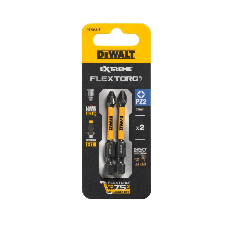 Набір біт DeWALT IMPACT TORSION EXTREME, ударні, Pozidriv, Pz2, L=57 мм, 2 шт (DT70531T)