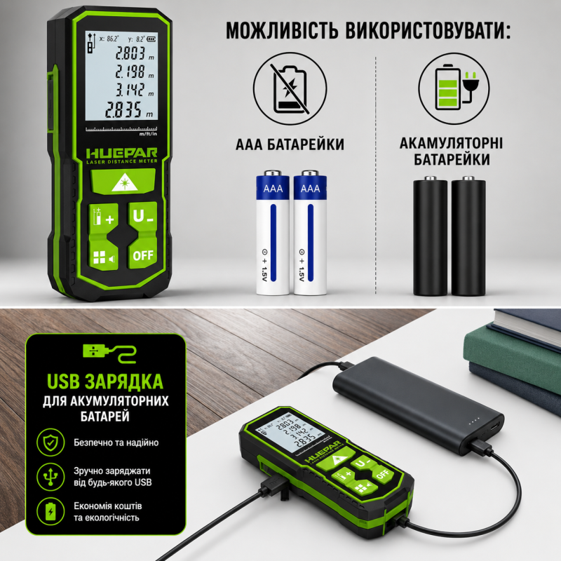 Лазерний далекомір Huepar S100-G 100 м (462020)