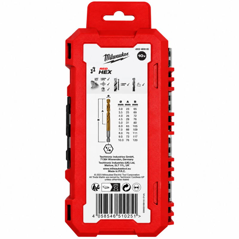 Набор сверл по металлу SHOCKWAVE™ HSS-G TiN Red Hex MILWAUKEE 3-10мм 10 шт (4932493865)