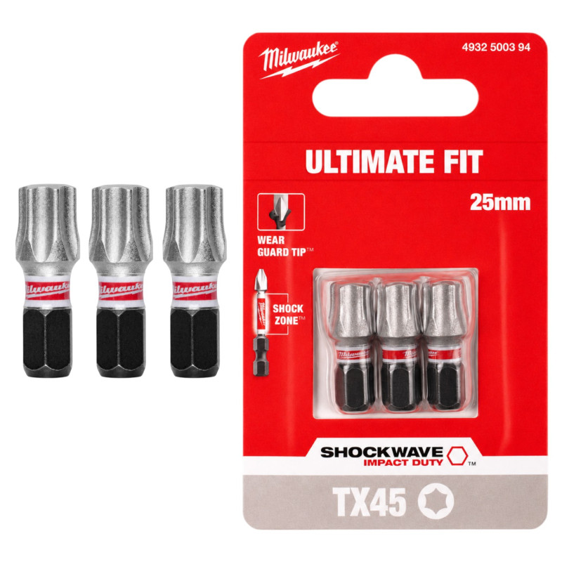 Бита MILWAUKEE SHOCKWAVE, TX45x25мм, 3шт (4932500394)