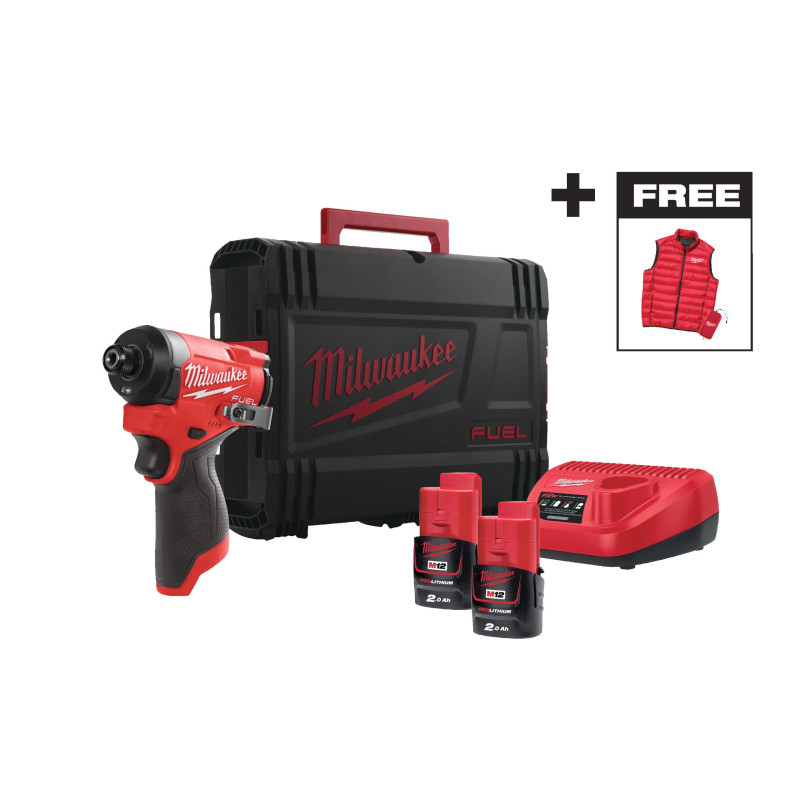 Шуруповерт ударный аккумуляторный MILWAUKEE M12 FID2MC-202Х, комплект ЗП, 2 АКБ, кейс + жилетка (4933499462)