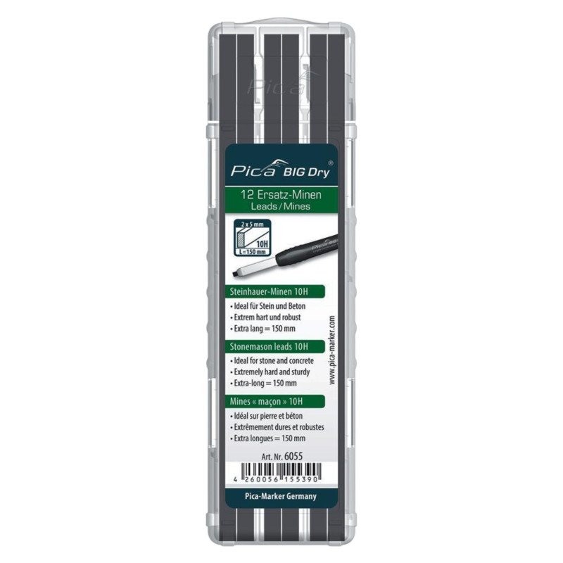 Стержни запасные PICA BIG Dry Refills 6055 10H для каменщиков, графитовые, 12 шт (6055)