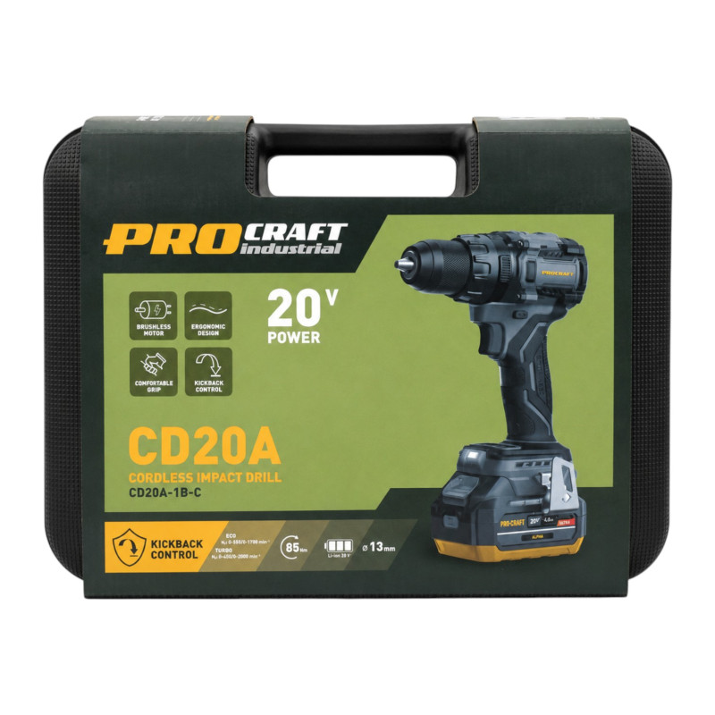 Аккумуляторный шуруповёрт Procraft Industrial CD-20A, 1 АКБ 20В 4 А·ч в кейсе (100201)