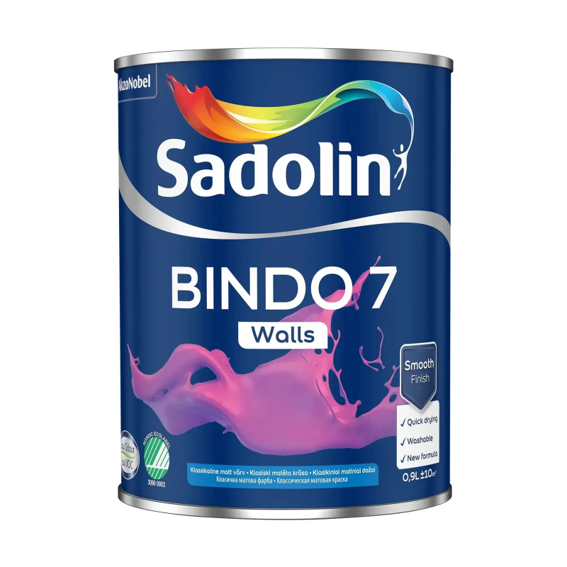 Краска матовая для стен и потолков Sadolin Bindo 7, 0,9 л, белый (5845861)