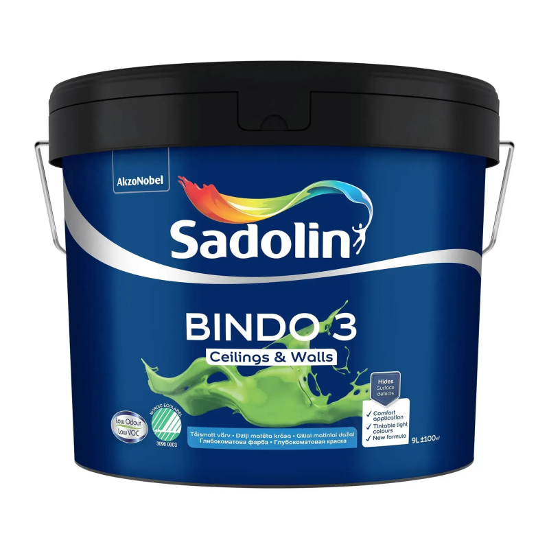 Глубокоматовая латексная краска для стен и потолка Sadolin Bindo 3, белая, BW, 9 л (5845858-9)