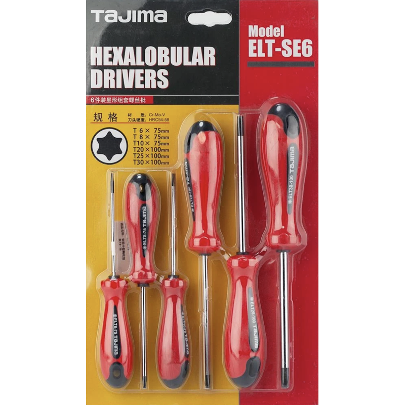 Набор отверток Tajima магнитные Torx (Т6,Т8,Т10,Т20,Т25,T30) (6 штук) (1301-0697)
