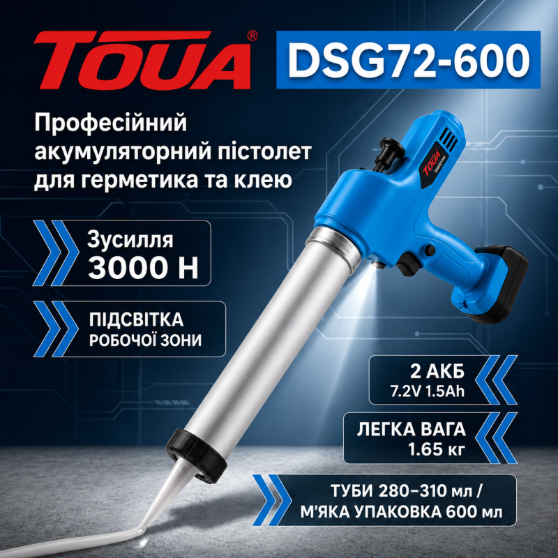Пистолет аккумуляторный для герметика и монтажного клея Toua (DCG72-600H)
