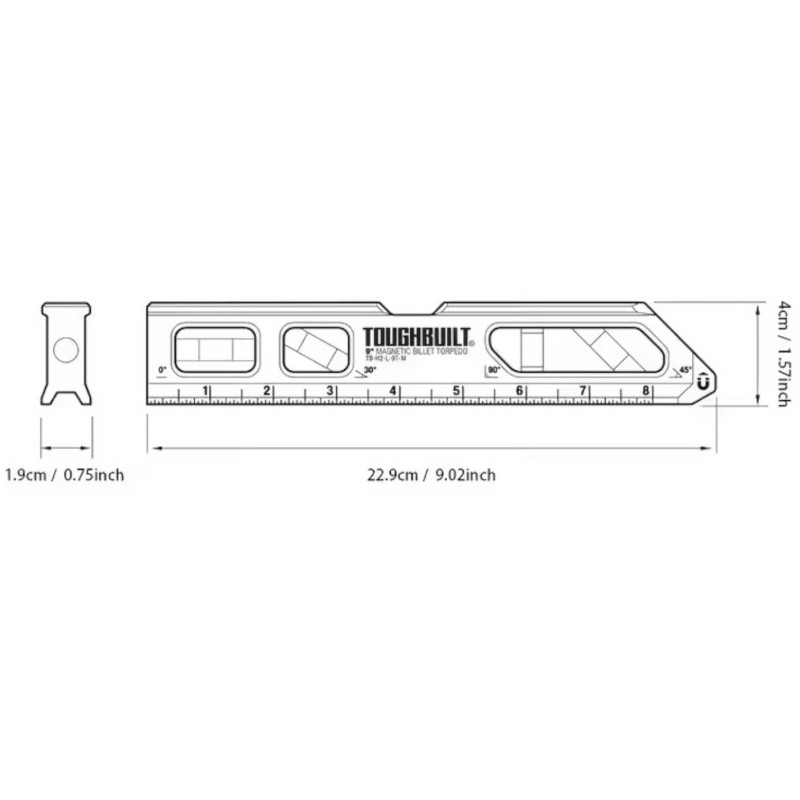 Рівень магнитный Torpedo 23 см Magnetic TOUGHBUILT (TB-H2-L-9T-M)