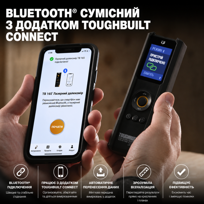 Лазерний професійний далекомір TOUGHBUILT з відеошукачем 50 м (TB-H2-LM-M50-BT)