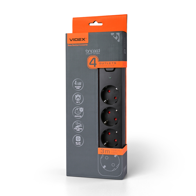 Сетевой удлинитель VIDEX ONCORD 4р/3м заземление (VF-PD43G-B)