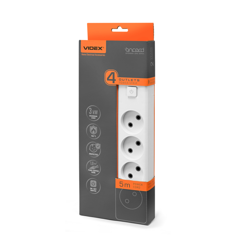 Сетевой удлинитель VIDEX ONCORD 4р/5м (VF-PD45-W)