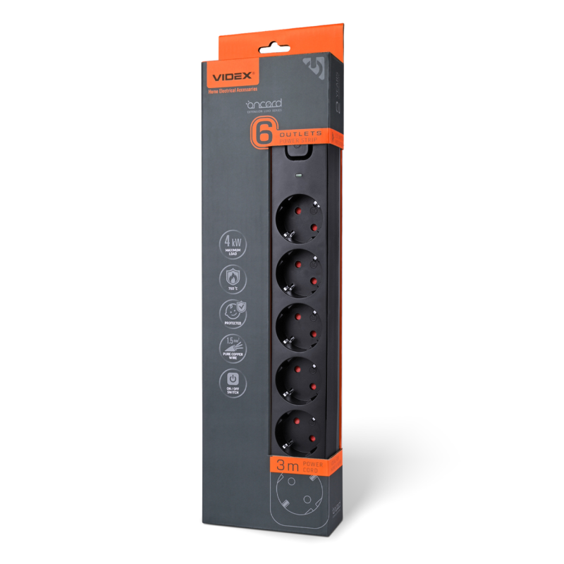 Сетевой удлинитель VIDEX ONCORD 6р/3м заземление (VF-PD63G-B)