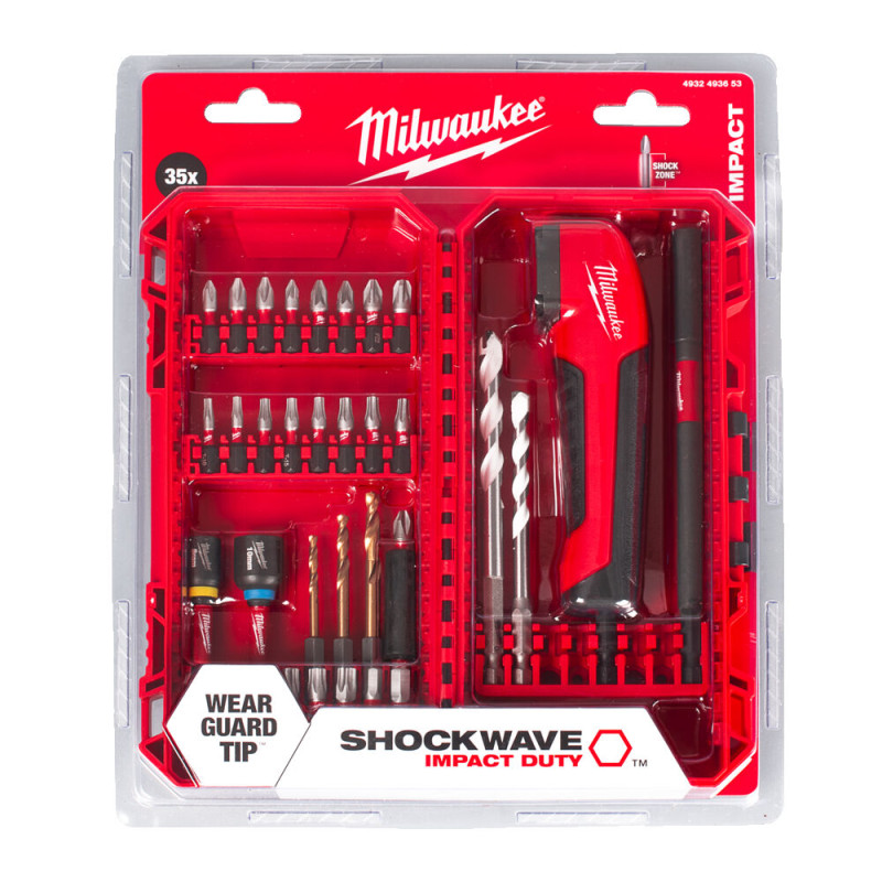 Биты НАБОР - 35 предметов + угловой адаптер MILWAUKEE SHOCKWAVE (4932493653)