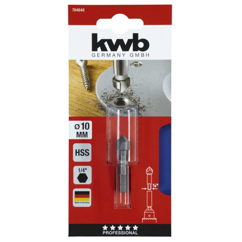 Зенкер HSS 10 мм, 3 кромки, 6-гранный хвостовик, KWB (704640)