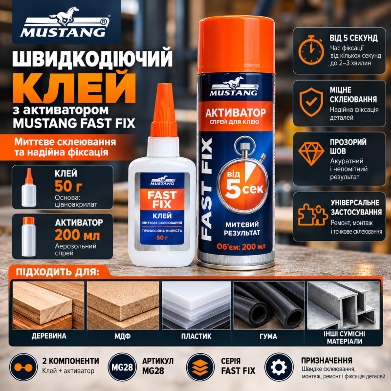 Клей двокомпонентний з активатором MUSTANG FAST FIX 200 мл + 50 г (MG28)
