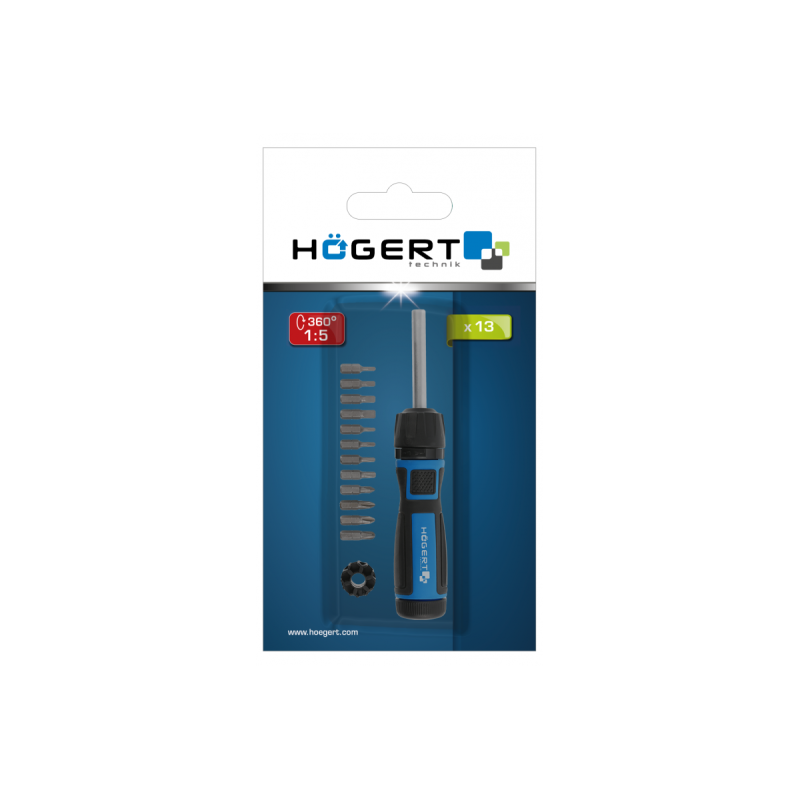 Викрутка тріскачка Hoegert 13 предметів, з редуктором 1:5 (HT1S215)