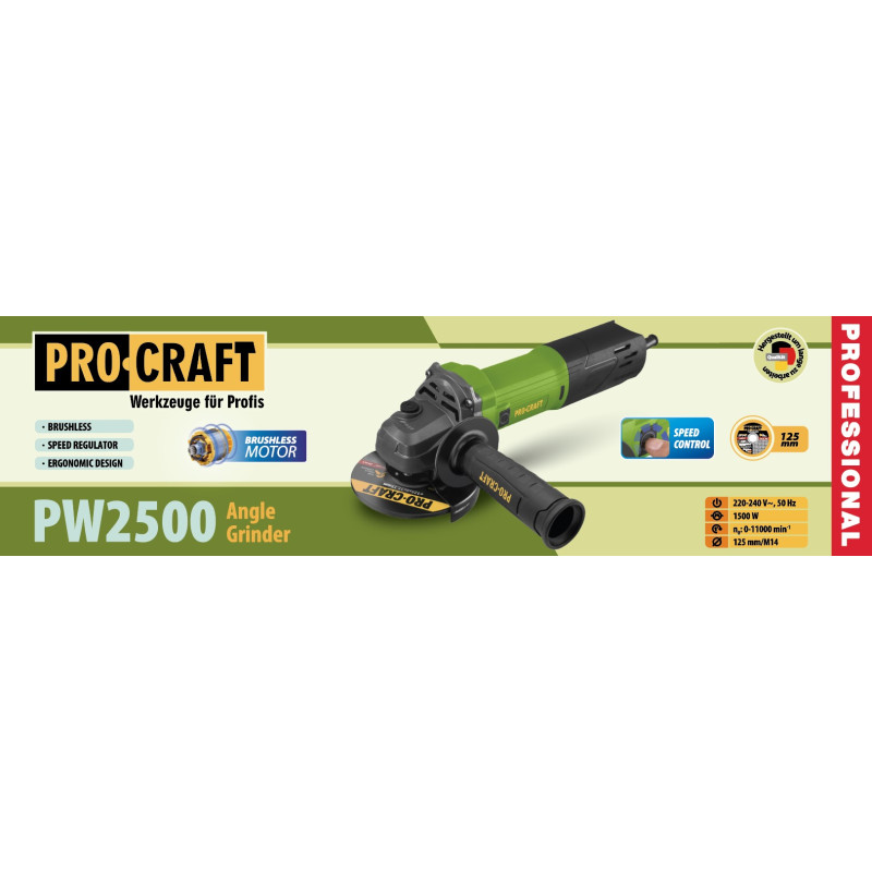 Кутошліфувальна машина безщіткова Procraft PW2500 125 мм