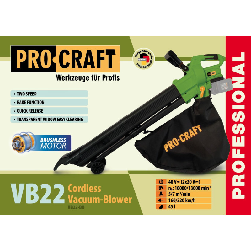 Акумуляторний пилосос-повітродувка Procraft VB22 (без акб та зп)