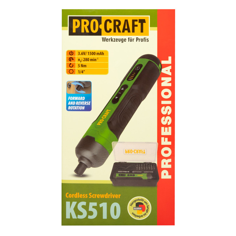 Аккумуляторная отвертка Procraft KS510 с набором бит (032510)